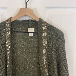 CHICO’S Green with Gold Sequins Cardigan Size 1